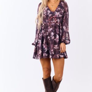 Plum Floral Print Chiffon Deep V Neck Mini Dress