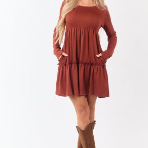 Rust Long Sleeve Frill Tiered Mini Dress