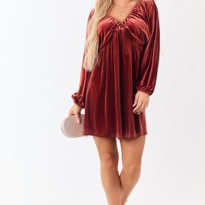 Rust Velvet Long Sleeve V Neck Mini Dress