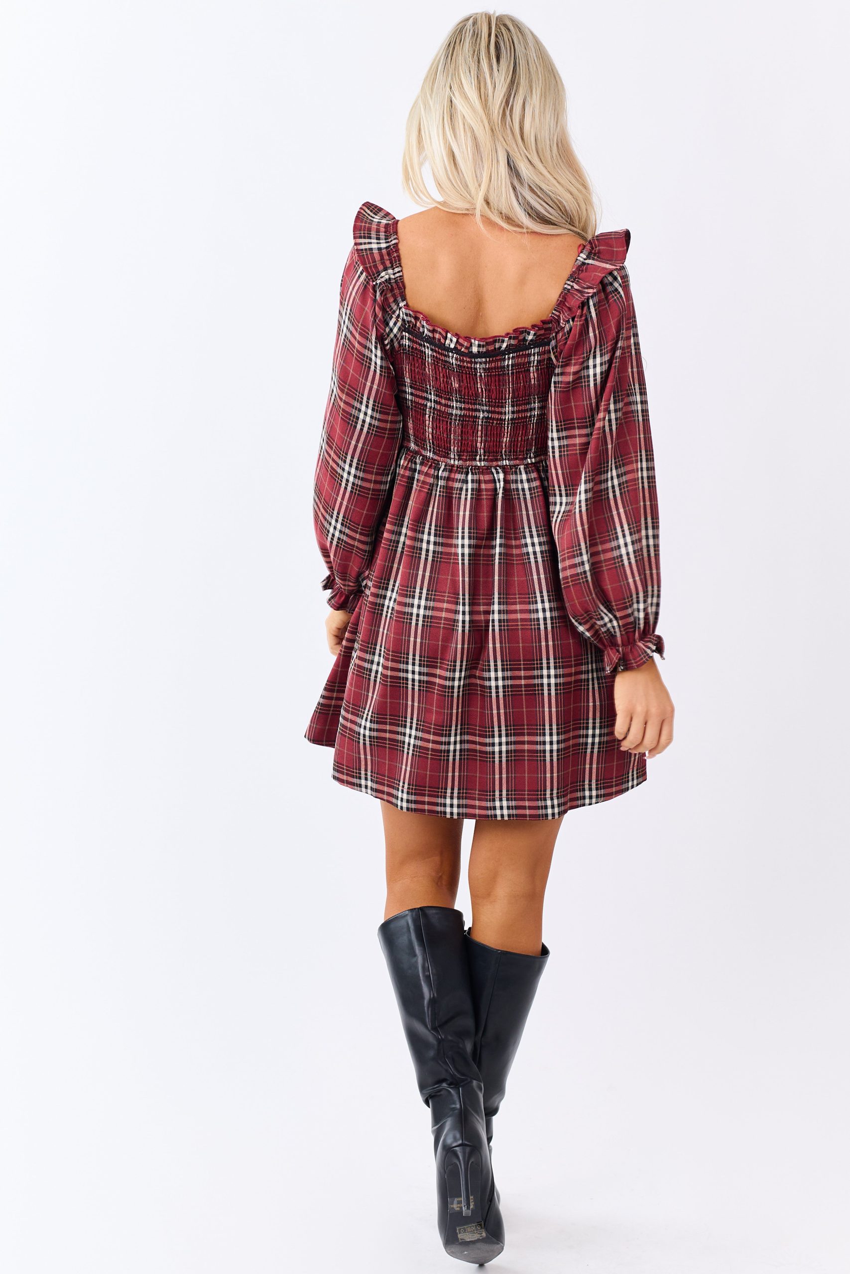 Sangria Plaid Ruffle Trim Smocked Bodice Mini Dress - Image 6