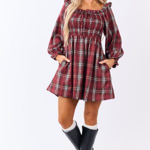 Sangria Plaid Ruffle Trim Smocked Bodice Mini Dress