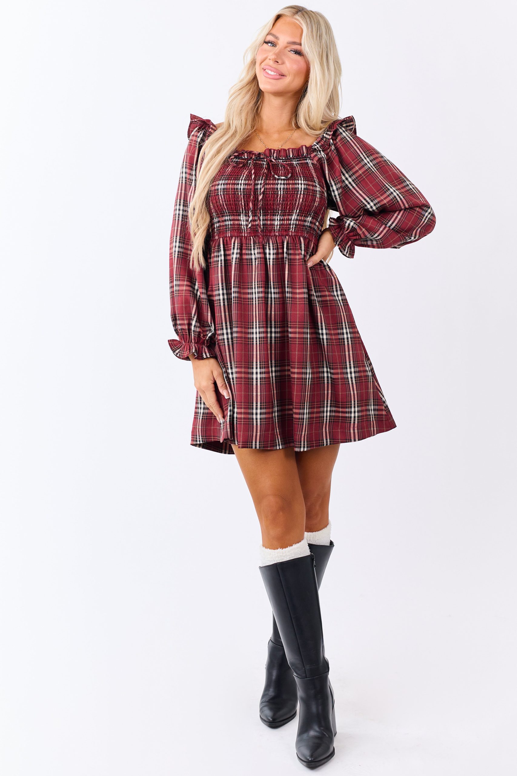 Sangria Plaid Ruffle Trim Smocked Bodice Mini Dress - Image 3