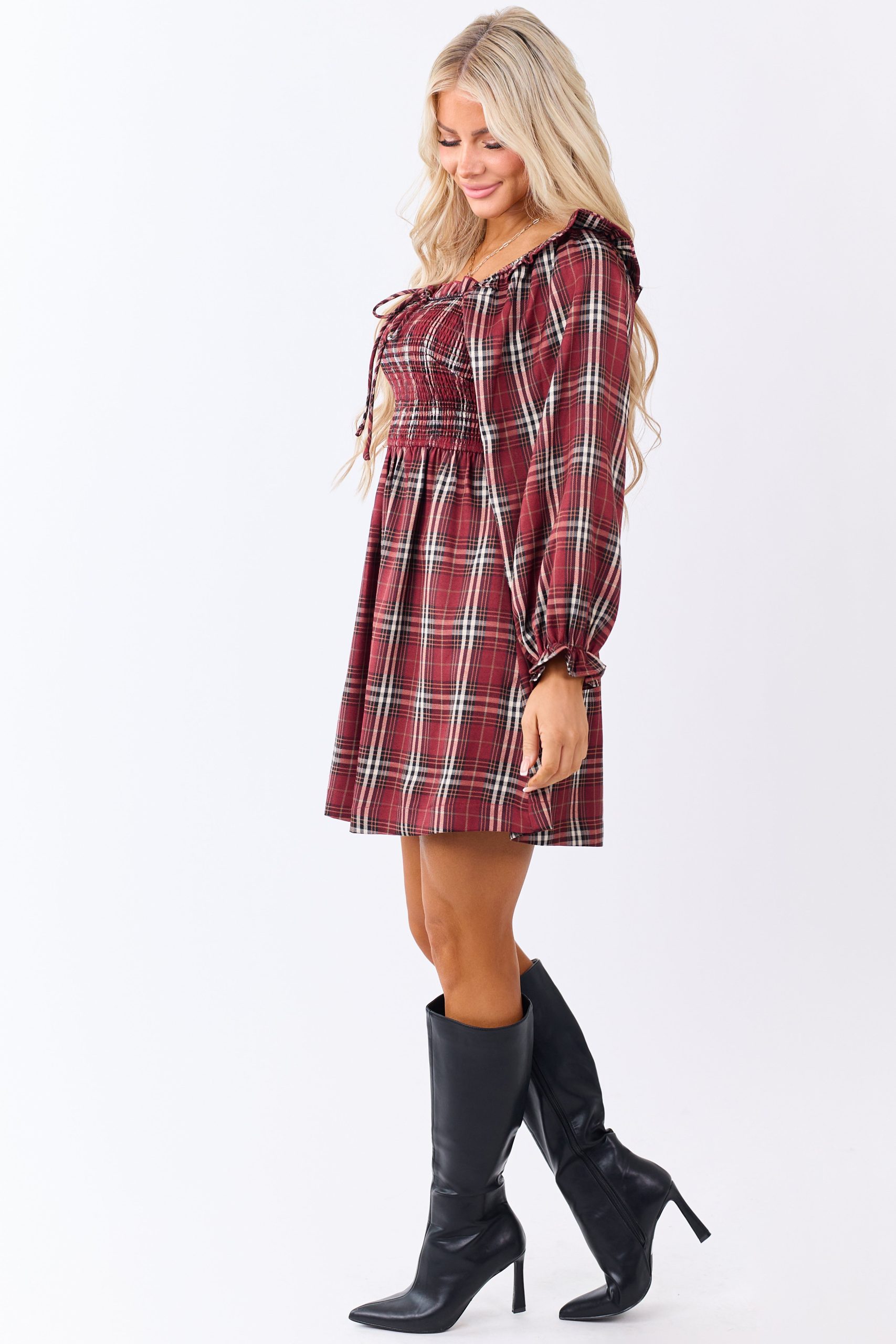 Sangria Plaid Ruffle Trim Smocked Bodice Mini Dress - Image 5