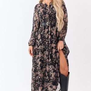 She+Sky Black Floral Print V-Neck Maxi Dress