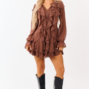 Walnut Ruffled Front Tie Long Sleeve Mini Dress