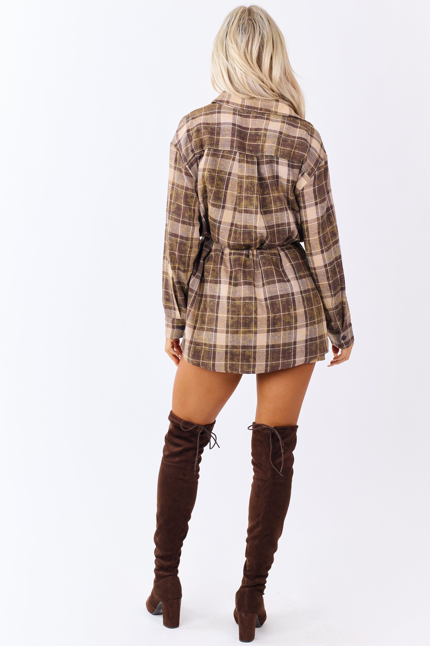 Washed Coffee Plaid Dress Style Flannel Romper - Image 5