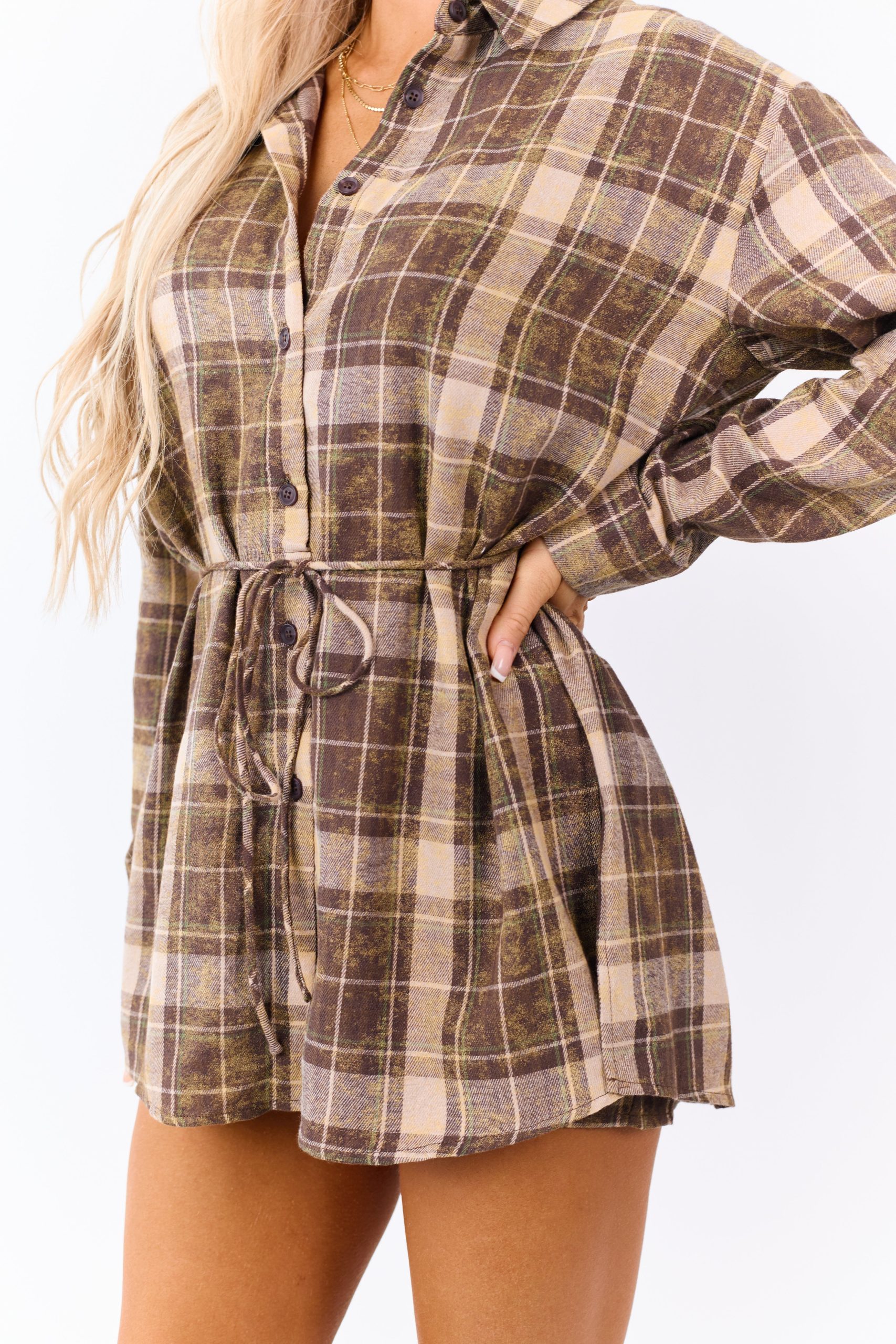 Washed Coffee Plaid Dress Style Flannel Romper - Image 6
