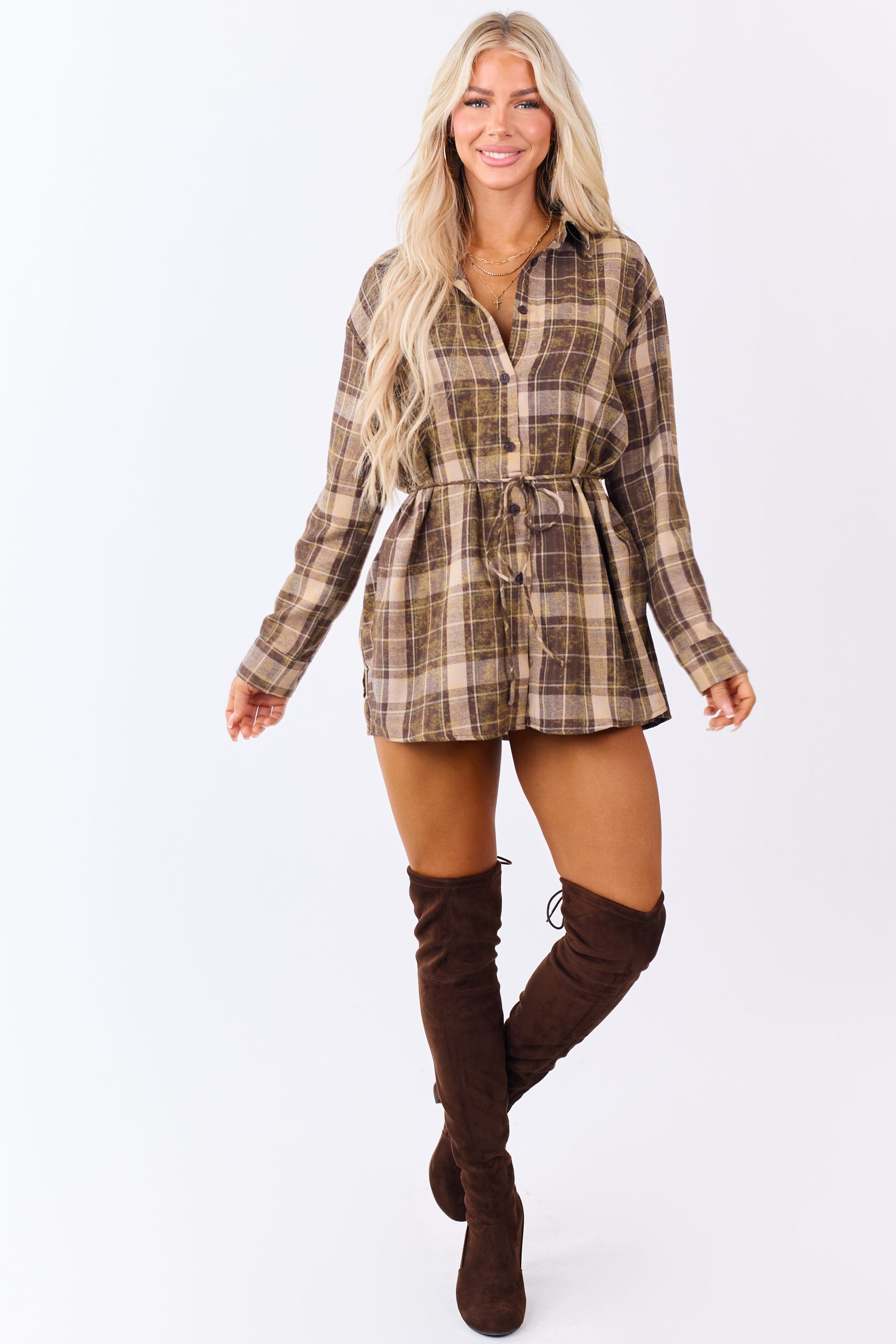 Washed Coffee Plaid Dress Style Flannel Romper - Image 3