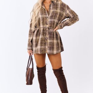 Washed Coffee Plaid Dress Style Flannel Romper